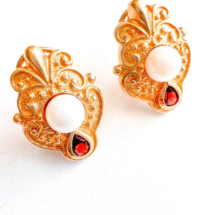 14K Yellow Gold Pearl and Garnet French Cip Earrings