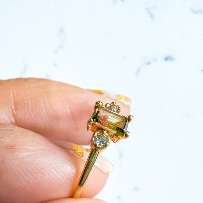 Watermelon Tourmaline and White Topaz Ring 14K Gold