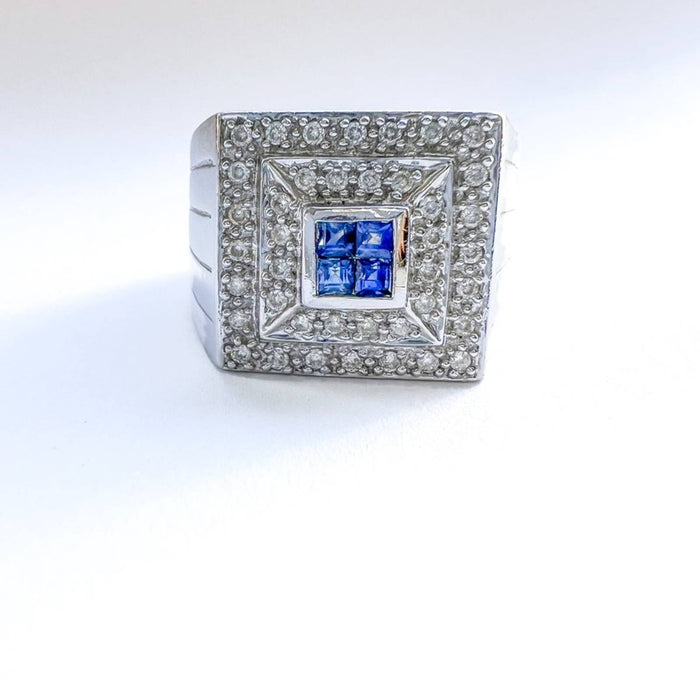 Men's 14K White Gold Blue Sapphire and Diamond Ring