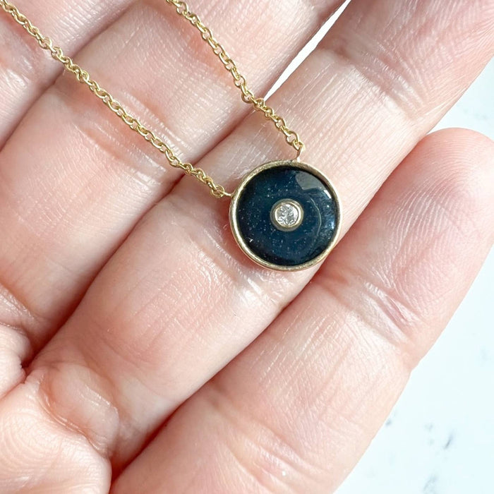 14K Yellow Gold Black Enamel and Diamond Charm Necklace