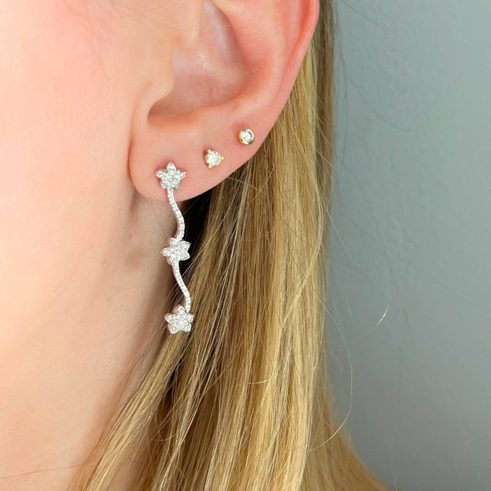 Diamond Long Stars Dangle Earrings 14K White Gold