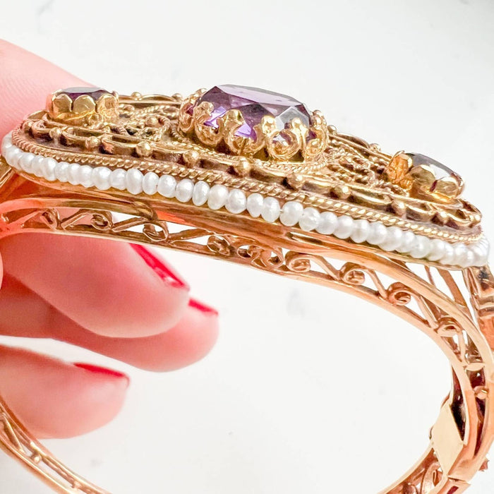 Antique Victorian Amethyst and Pearl Bangle Bracelet 14K Yellow Gold