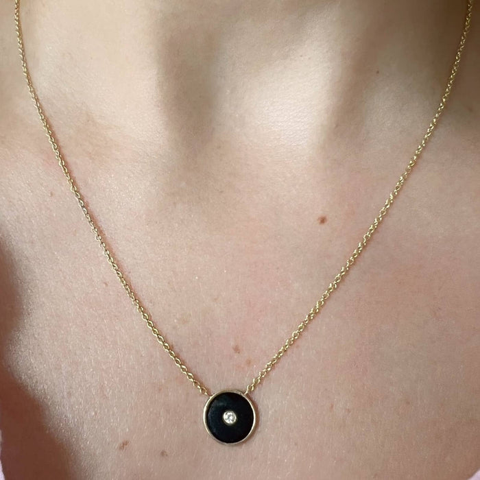 14K Yellow Gold Black Enamel and Diamond Charm Necklace