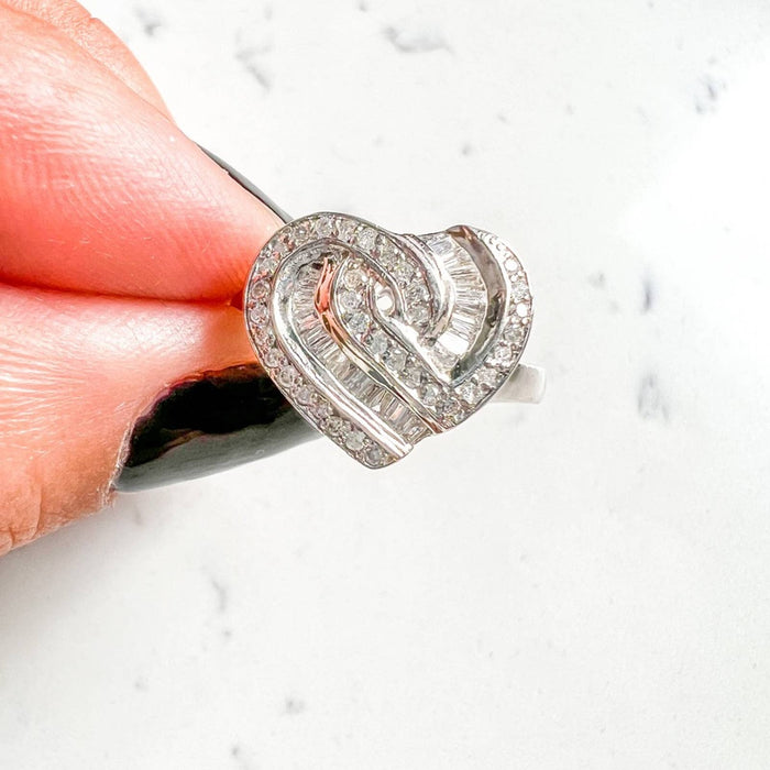 14k White Gold Baguette and Round Diamond Heart Ring