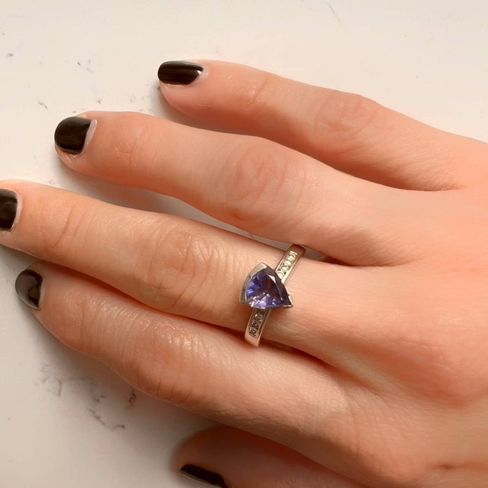 Trillion Tanzanite Solitaire Ring with Diamond Accents in 10K White Gold