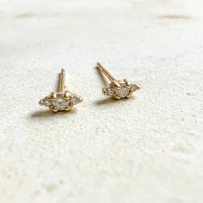 Tiny Diamond Trio Stud Earrings 14K Yellow Gold.