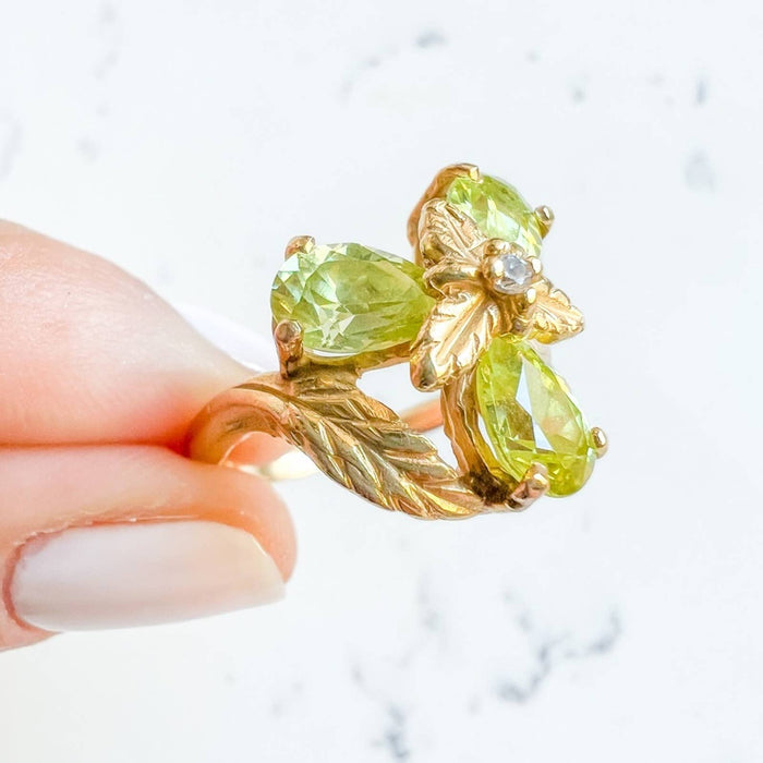 14K Yellow Gold Peridot Diamond Cocktail Ring