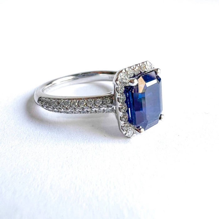 Vera Wang Emerald-Cut Blue Sapphire Halo Ring 18K White Gold