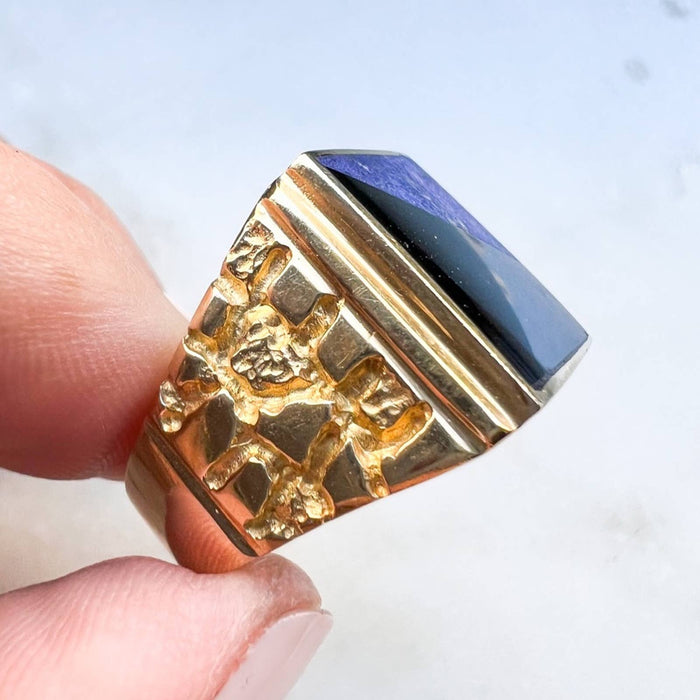 14K Yellow Gold Lapis Lazuli Onyx Signet Men Ring