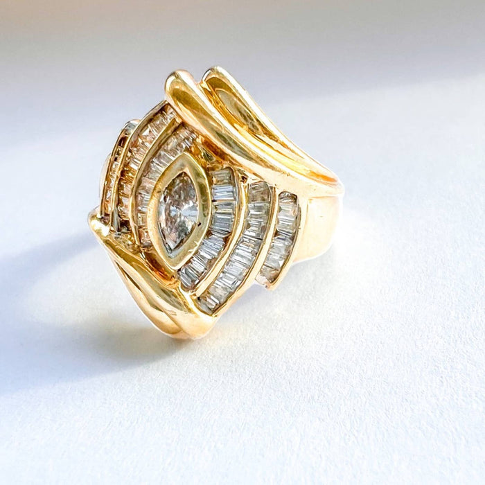 Vintage 14K Yellow Gold Marquise and Baguette Diamond Cocktail Ring