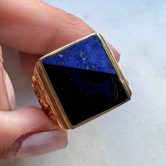 14K Yellow Gold Lapis Lazuli Onyx Signet Men Ring