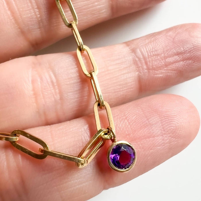 Multi Gemstone Bezel Dangle Paperclip Bracelet 14K Gold