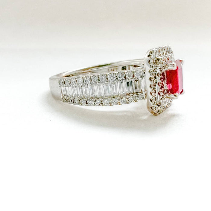 Emerald Cut Ruby and Diamond Halo Engagement Ring in 14K White Gold