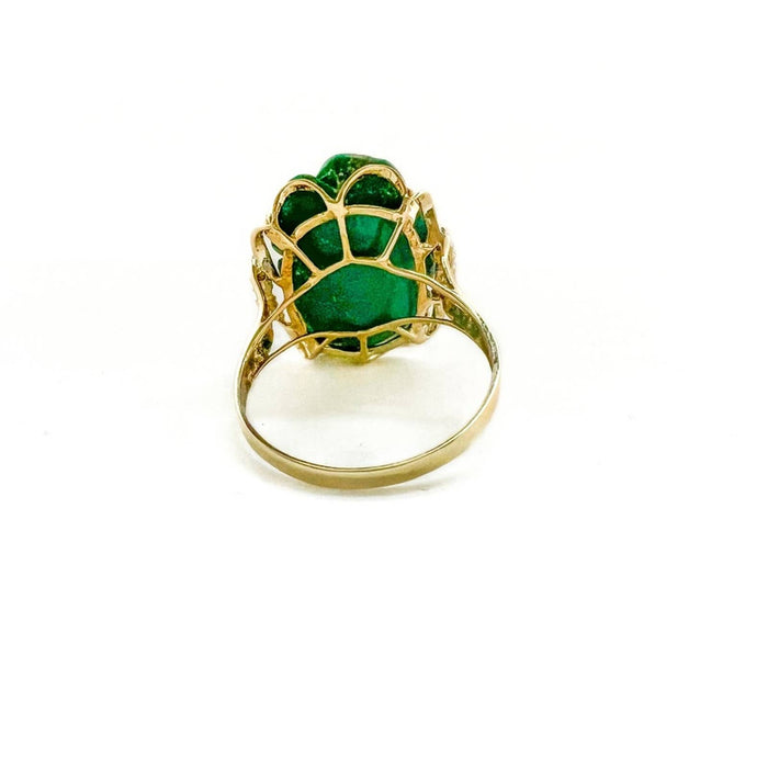 14K Yellow Gold Carved Rose Jade Diamond Vintage Ring