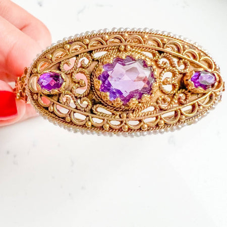 Antique Victorian Amethyst and Pearl Bangle Bracelet 14K Yellow Gold