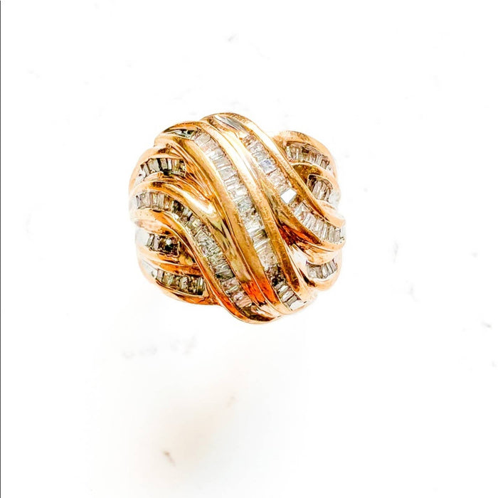 Vintage 10k Yellow Gold Diamond Ribbon Swirl Cocktail Ring