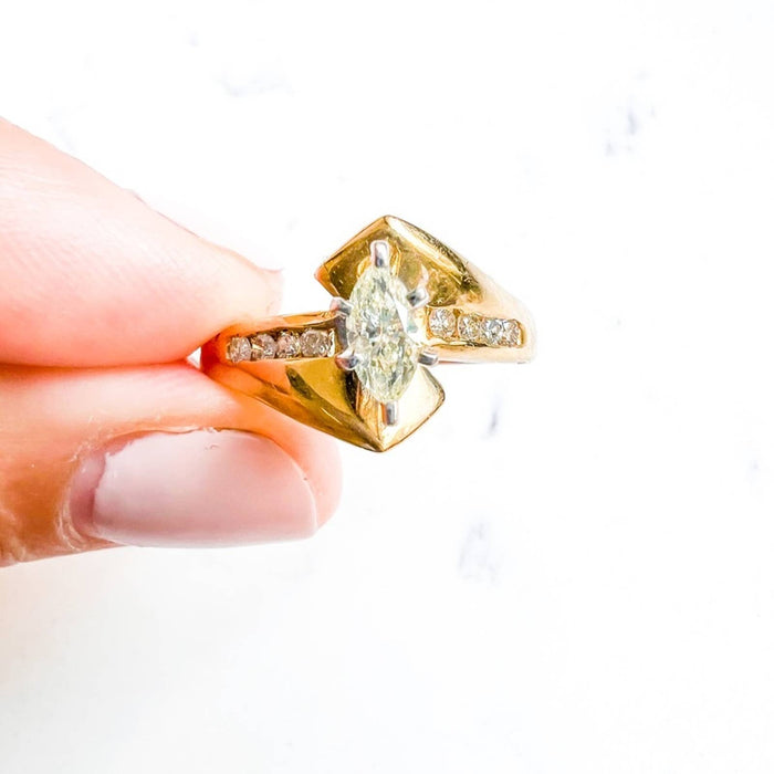 Vintage 14K Yellow Gold Marquise Diamond Engagement Ring