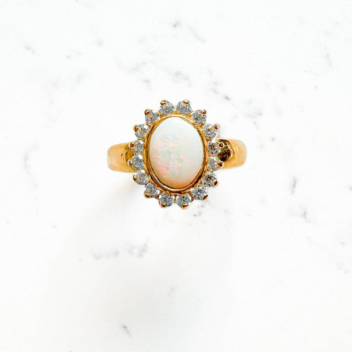 14K Yellow Gold Opal and Cubic Zirconia Halo Ring