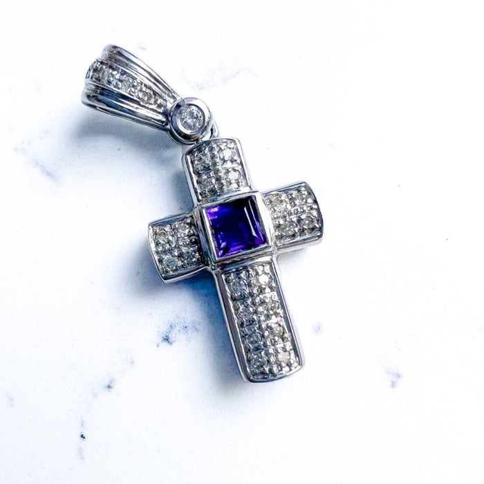 14K White Gold Pendant Cross with Amethysts and Diamonds