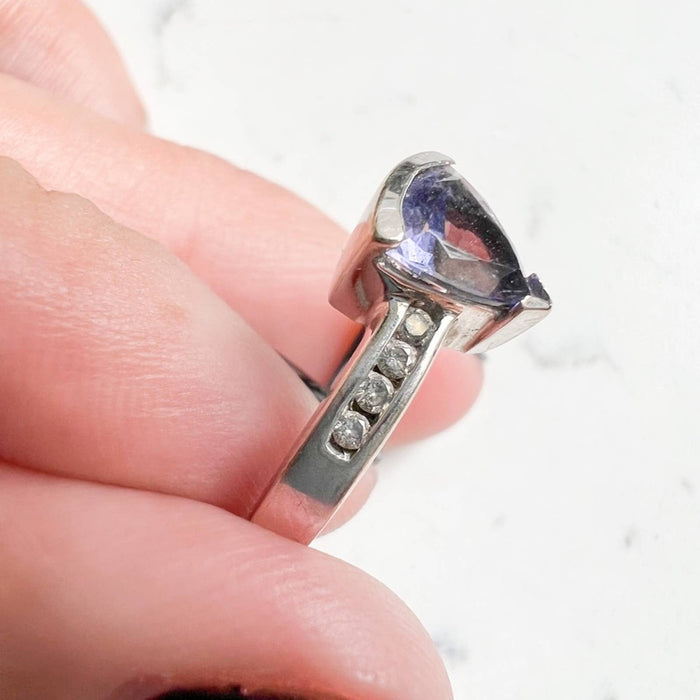 Trillion Tanzanite Solitaire Ring with Diamond Accents in 10K White Gold