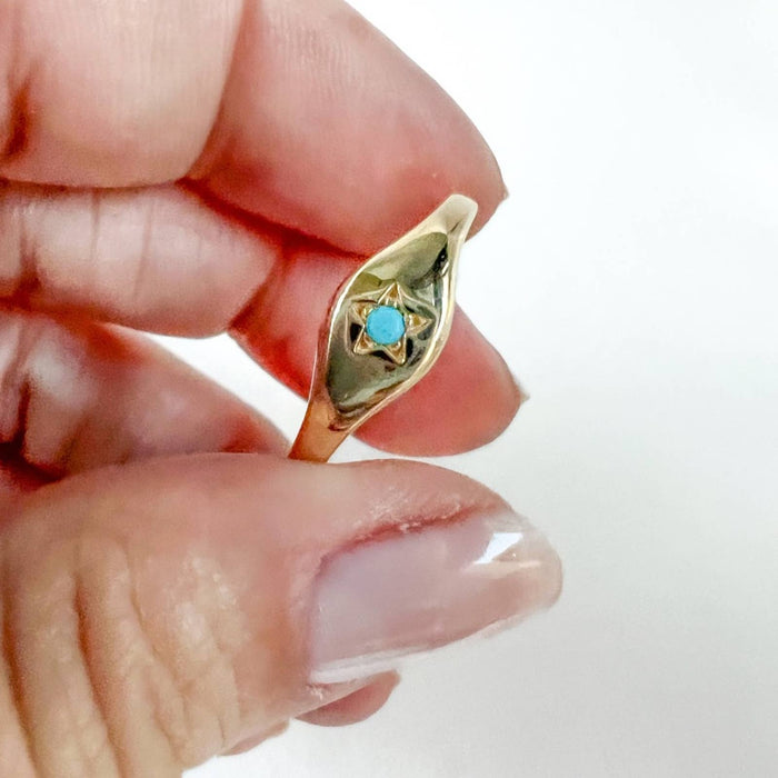 14K Yellow Gold Turquoise Star Dainty Signet Ring