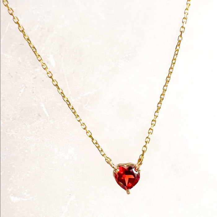 14k Yellow Gold Heart Red Garnet Necklace