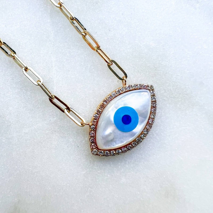 Mother Of Pearl Evil Eye Diamond Charm in a Paperclip Necklace  14K Yellow Gold