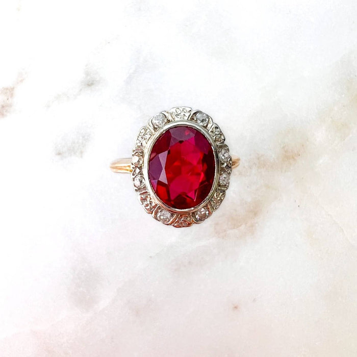 Antique Art Deco 14K Gold Red Garnet and Diamond Halo Ring