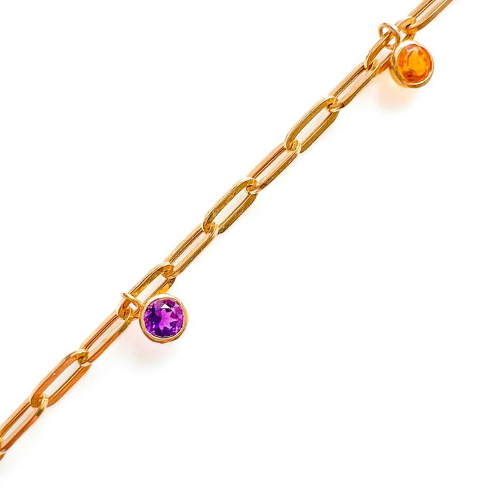 Multi Gemstone Bezel Dangle Paperclip Bracelet 14K Gold