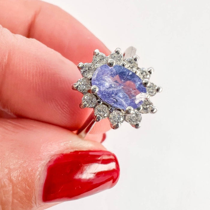 Vintage Tanzanite and Diamond Halo Ring 14K White Gold