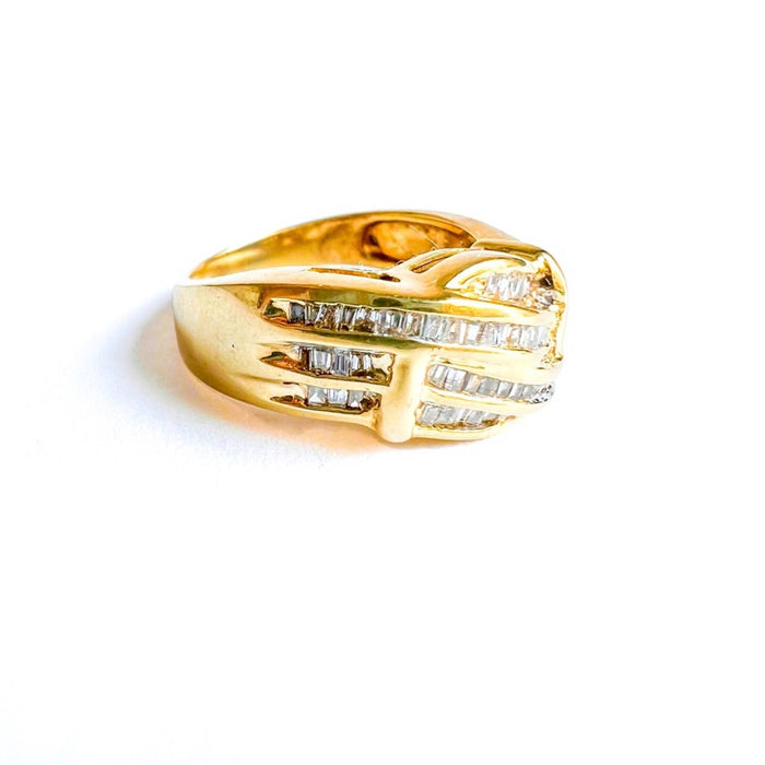 14K Yellow Gold Baguette Diamond Crossover Vintage Ring