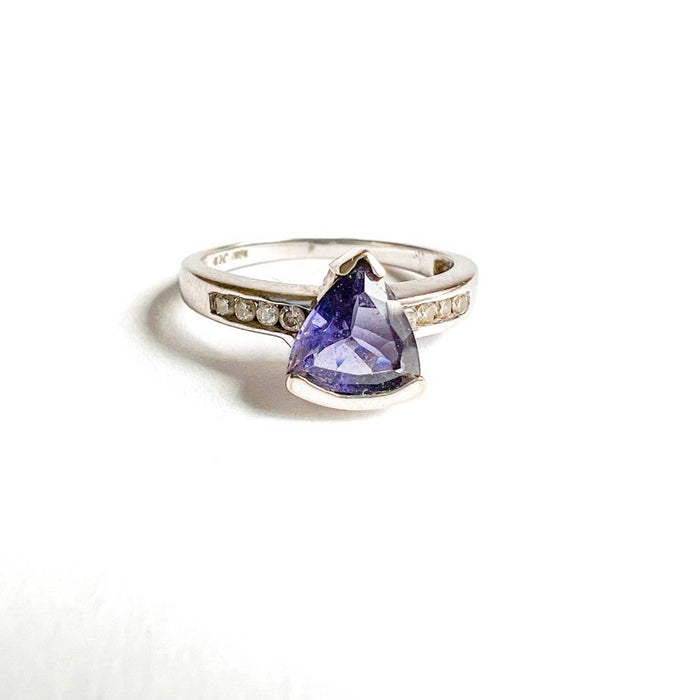 Trillion Tanzanite Solitaire Ring with Diamond Accents in 10K White Gold