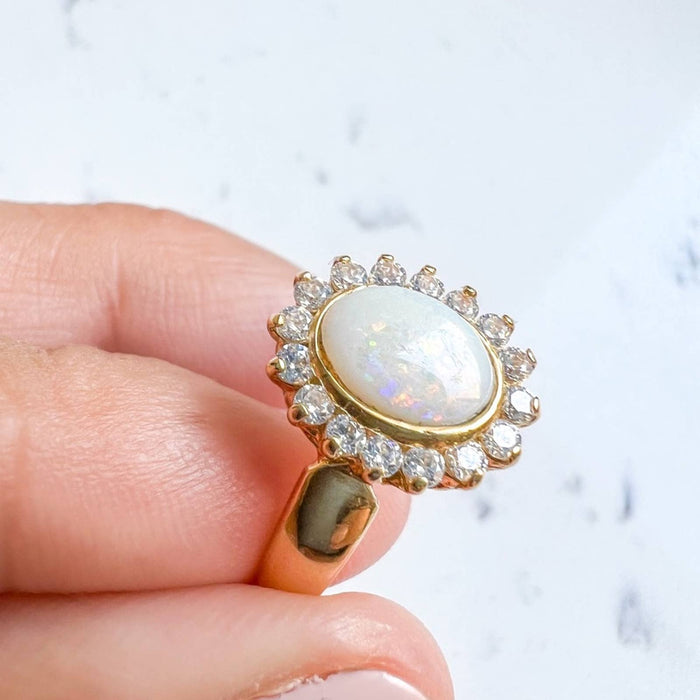 14K Yellow Gold Opal and Cubic Zirconia Halo Ring