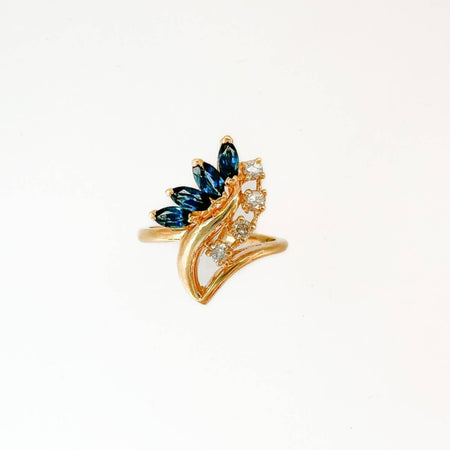 14K Yellow Gold Marquise Sapphires and Diamonds Cluster Cocktail Ring