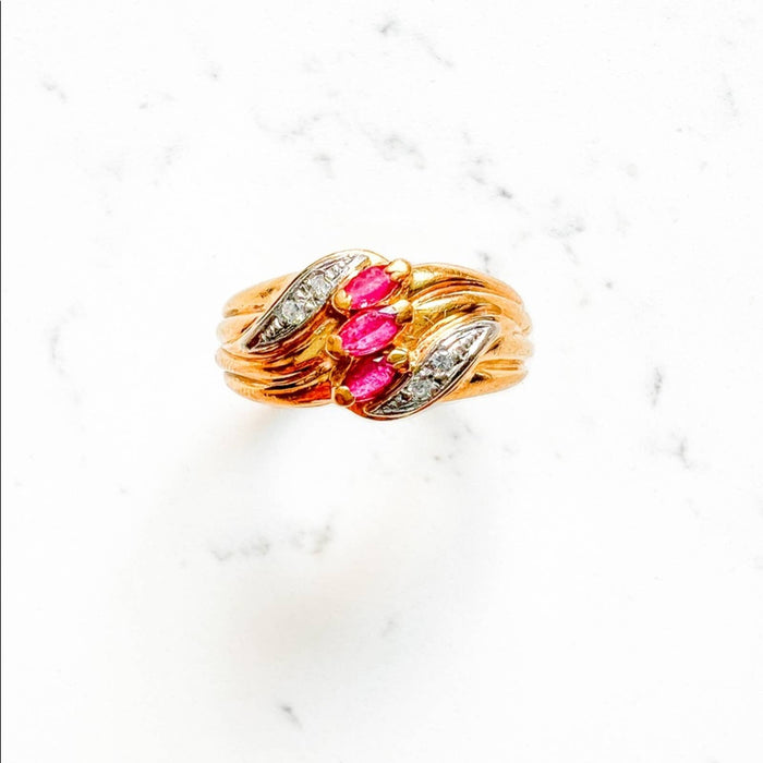 18K Yellow Gold Marquise Ruby and Diamond Vintage Band Ring