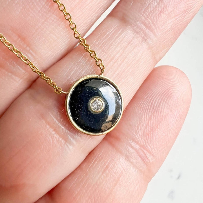 14K Yellow Gold Black Enamel and Diamond Charm Necklace