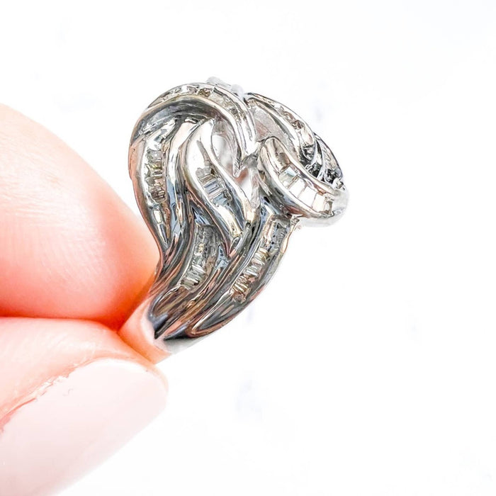 14K White Gold Baguette Diamond Swirl Vintage Ring