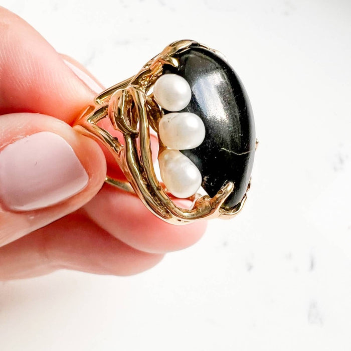 Vintage Onyx & Pearl Cocktail Ring 14K Yellow Gold