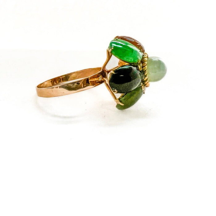 Multi Color Jade Flower Vintage Ring 14K Yellow Gold