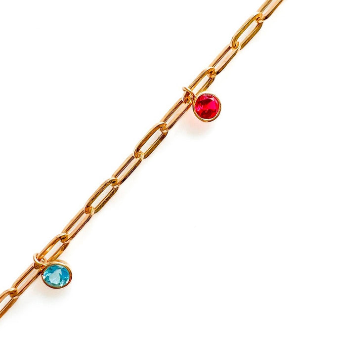 Multi Gemstone Bezel Dangle Paperclip Bracelet 14K Gold