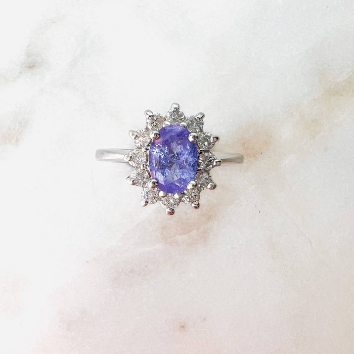 Vintage Tanzanite and Diamond Halo Ring 14K White Gold