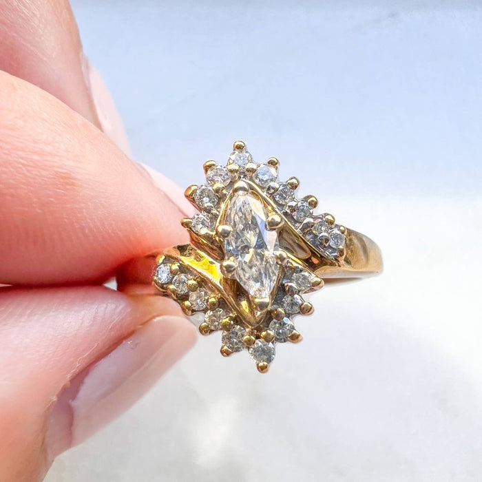 Vintage Marquise Diamond Cluster Ring 14K Yellow Gold