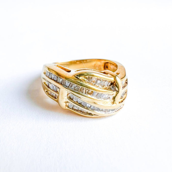 14K Yellow Gold Baguette Diamond Crossover Vintage Ring