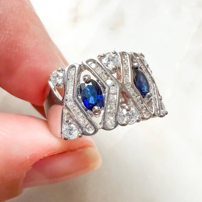 Art Deco Oval Sapphire and Diamond 14K White Gold Vintage Ring