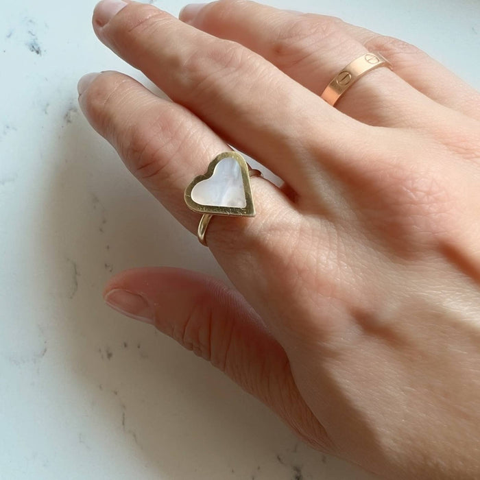 Mother Of Pearl Enamel Heart Ring 14K Gold