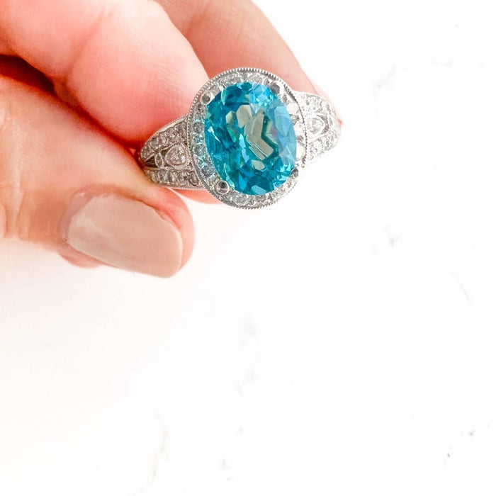 18k White Gold Oval Blue Topaz and Diamond Halo Cocktail Ring