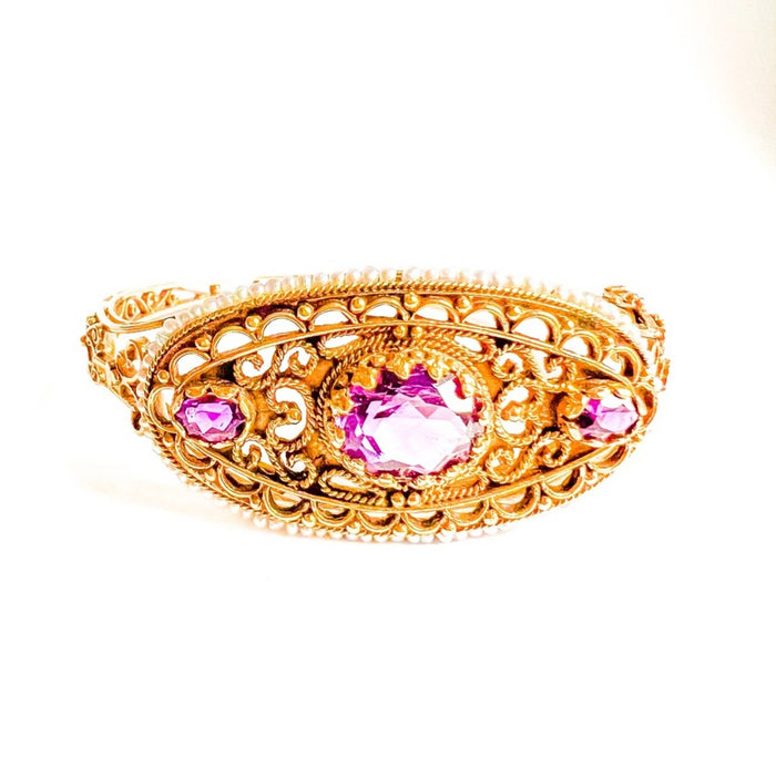 Antique Victorian Amethyst and Pearl Bangle Bracelet 14K Yellow Gold