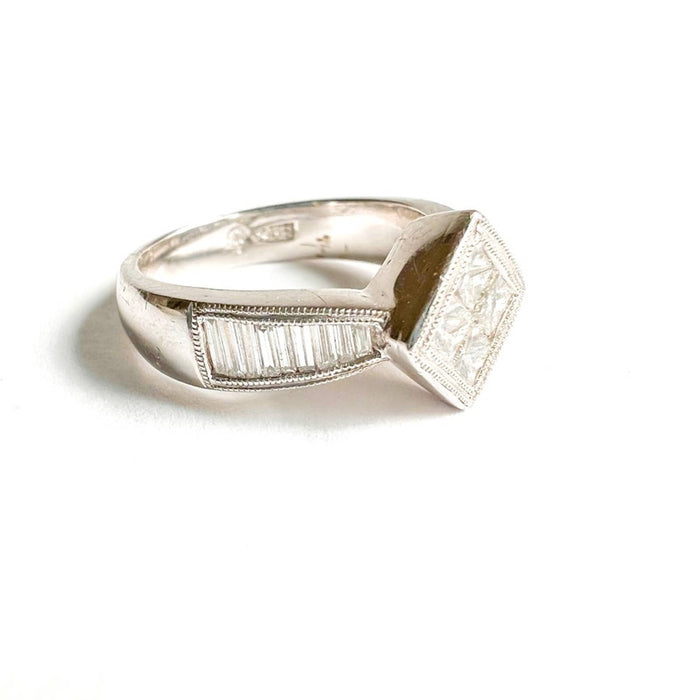 18K White Gold Princess Cut and Baguette Vintage Ring