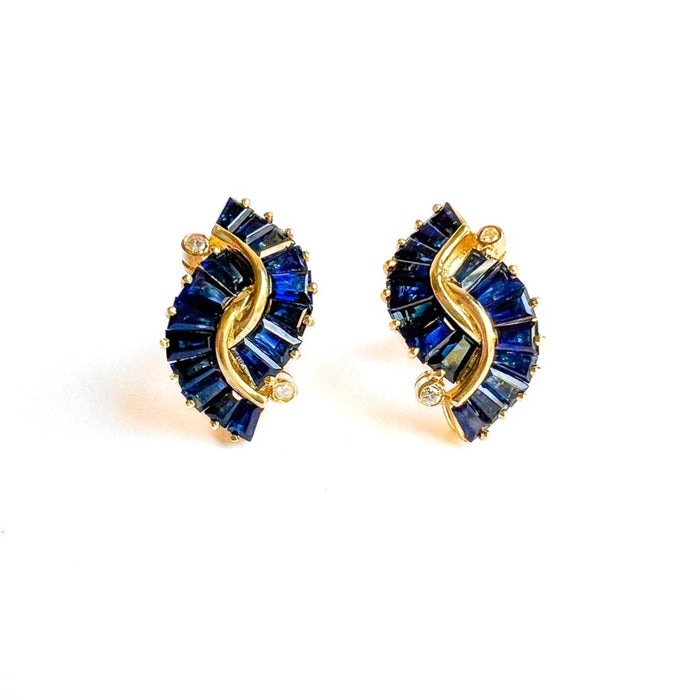 14K Yellow Gold Baguette Sapphire and Diamond Earrings