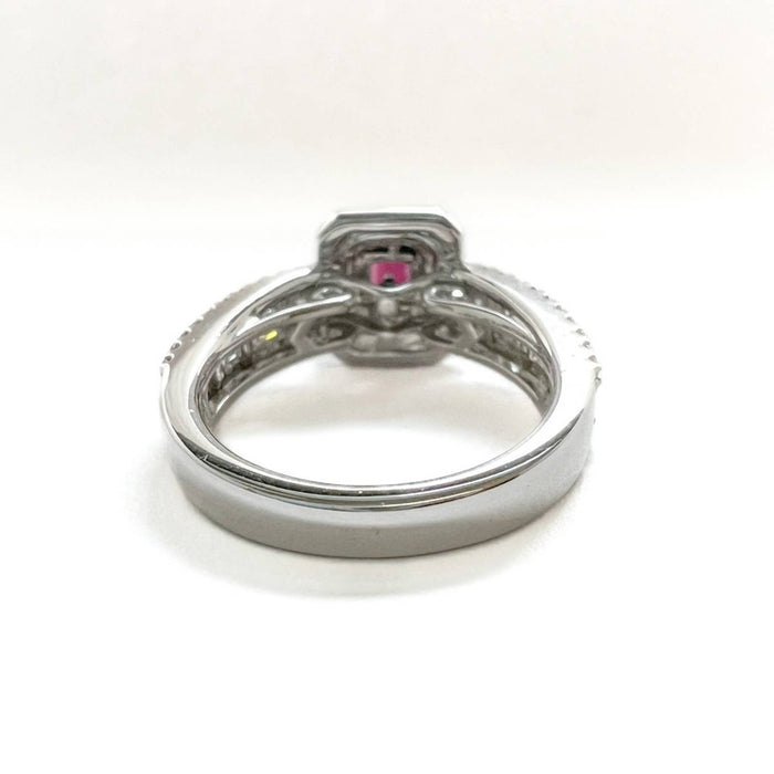 Emerald Cut Ruby and Diamond Halo Engagement Ring in 14K White Gold